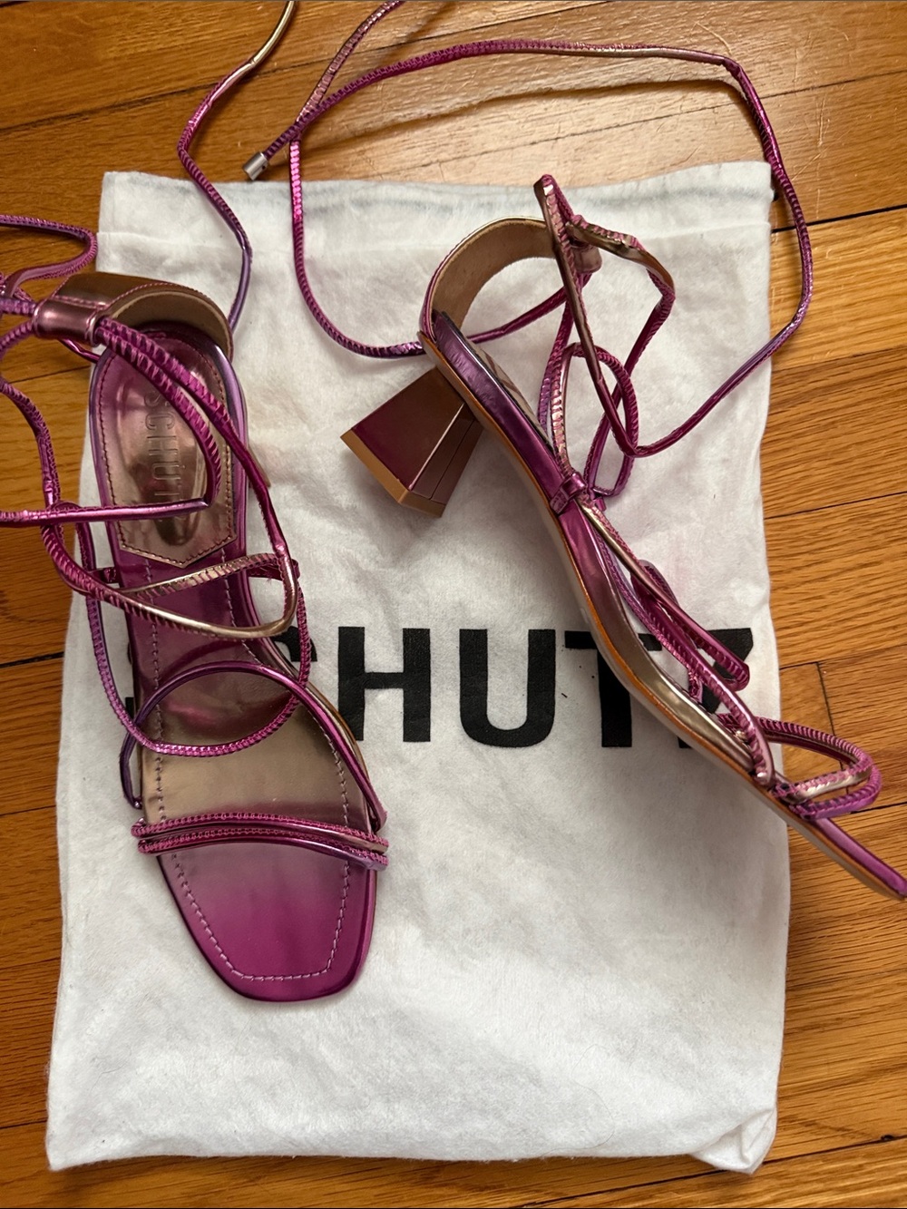 SCHUTZ Metallic Fuchsia Gold Lace-Up Strappy Heels